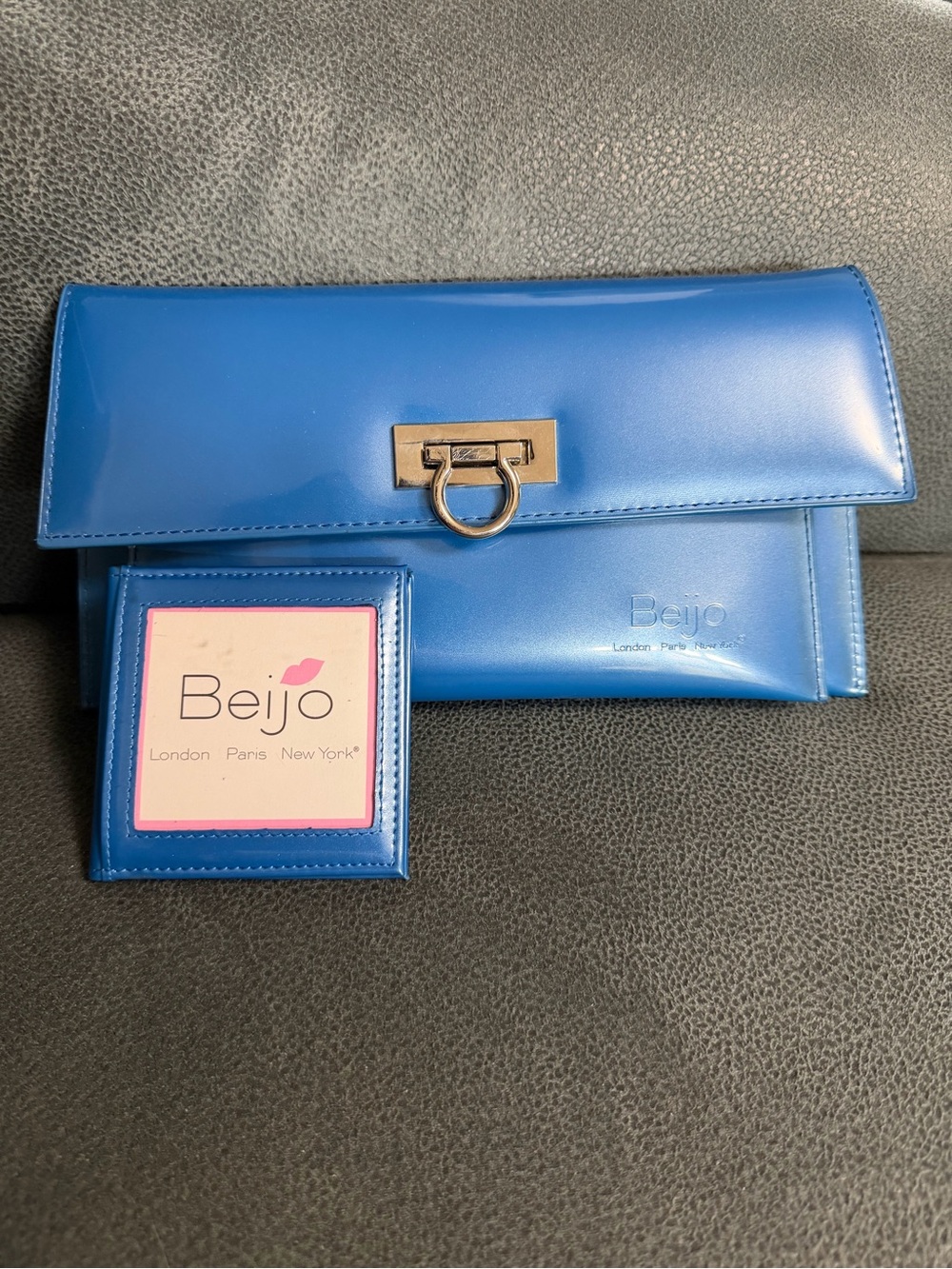 Beijo Blue Patent Leather Clutch with Silver Hardware